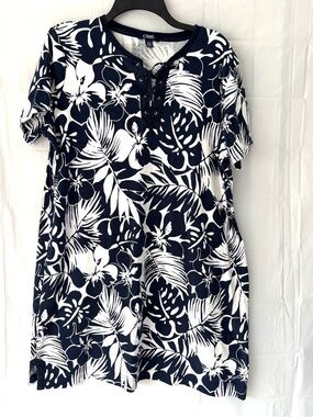 NWOT Chaps Navy White Tropical Palm Print Short Sleeve Dress SZ 2X